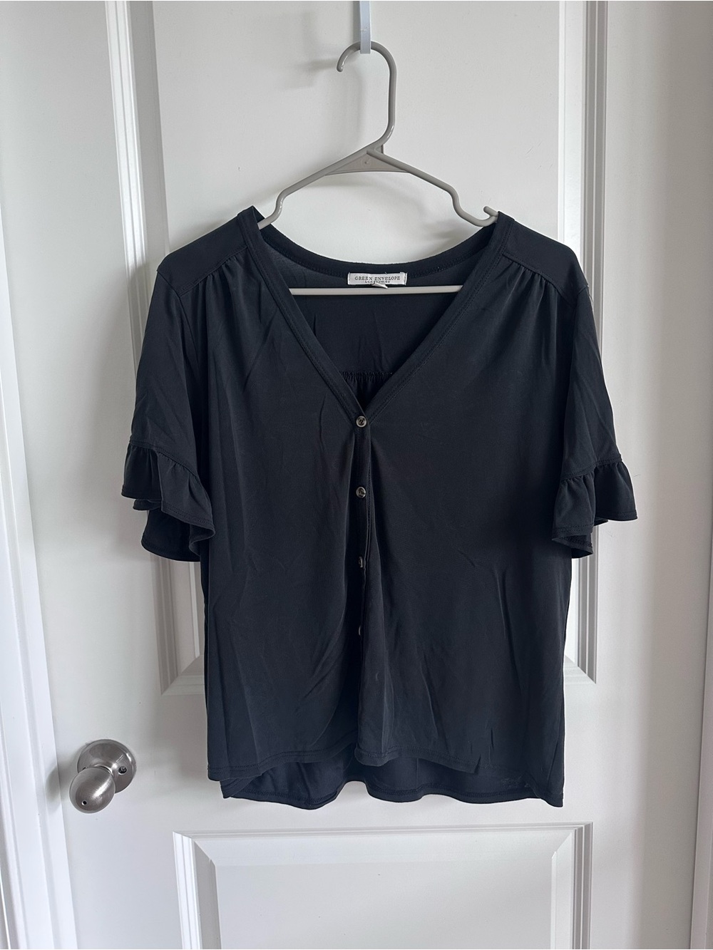 Green Envelope Black V-Neck Button-Front Ruffle Sleeve Blouse